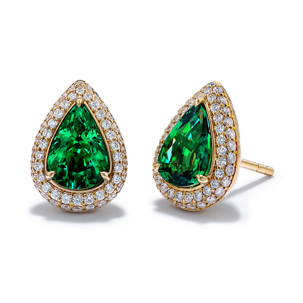 Tsavorite Earrings with D Flawless Diamonds set in 18K Yellow Gold