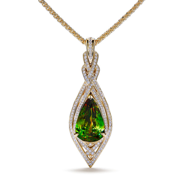 Sphene Necklace with D Flawless Diamonds set in 18K Yellow Gold
