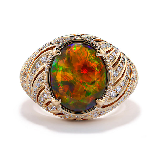 Indonesian Black Opal Ring with D Flawless Diamonds set in 18K Yellow Gold