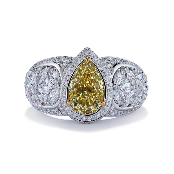Canary Yellow Diamond Ring with D Flawless Diamonds set in 18K White Gold