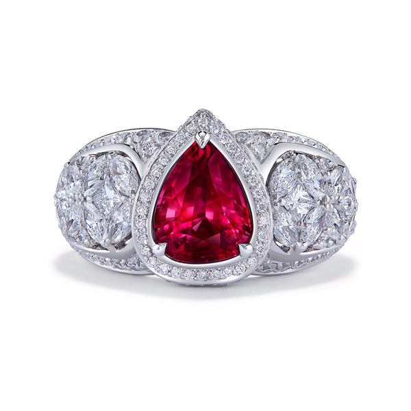 Unheated Pigeon Blood Red Ruby Ring with D Flawless Diamonds set in 18K White Gold