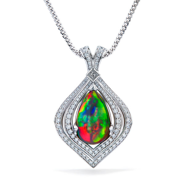 Indonesian Black Opal Necklace with D Flawless Diamonds set in 18K White Gold