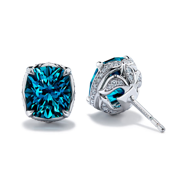 Blue Zircon Earrings with D Flawless Diamonds set in 18K White Gold