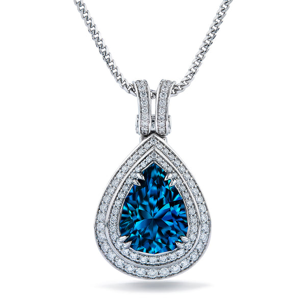 Blue Zircon Necklace with D Flawless Diamonds set in 18K White Gold