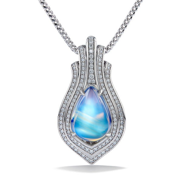 Rainbow Moonstone Necklace with D Flawless Diamonds set in 18K White Gold