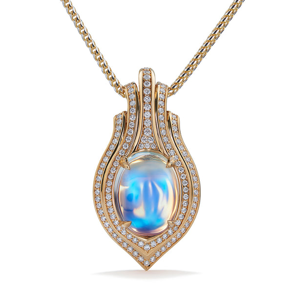 Ceylon Blue Moonstone Necklace with D Flawless Diamonds set in 18K Yellow Gold