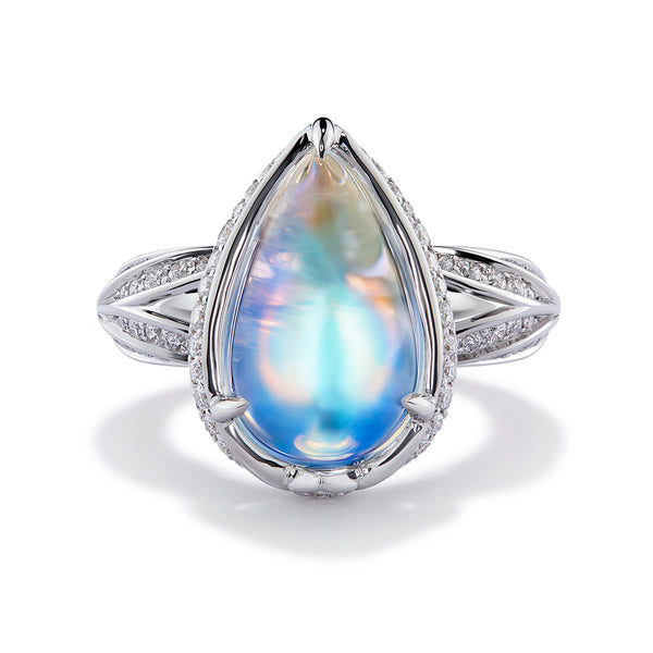 Rainbow Moonstone Ring with D Flawless Diamonds set in 18K White Gold