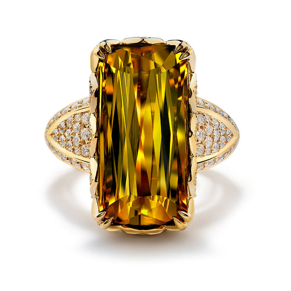 Namibian Yellow Tourmaline Ring with D Flawless Diamonds set in 18K Yellow Gold