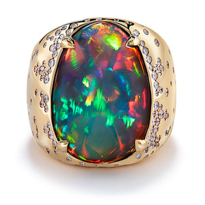 Indonesian Black Opal Ring with D Flawless Diamonds set in 18K Yellow Gold