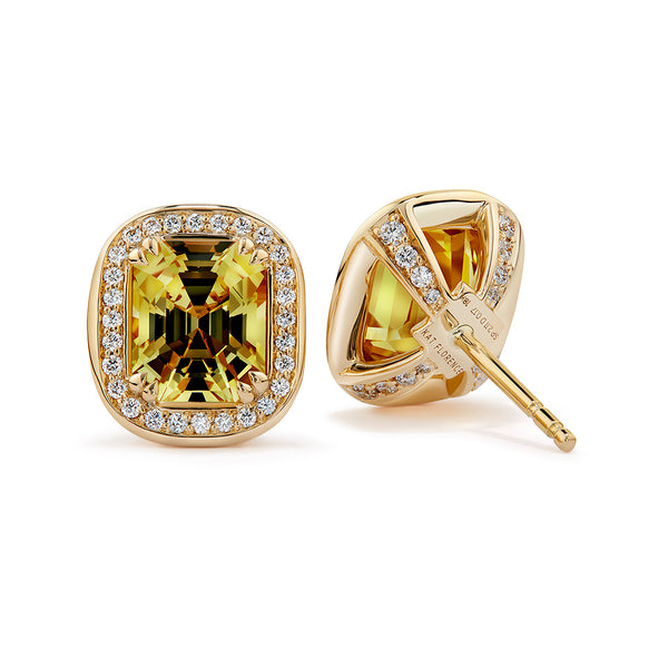 Unheated Canary Ceylon Sapphire Earrings with D Flawless Diamonds set in 18K Yellow Gold