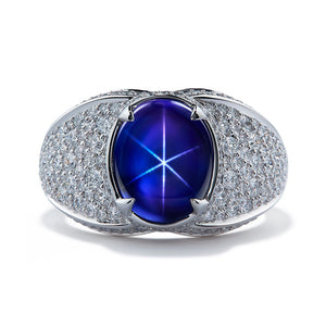 Unheated Ceylon Star Sapphire Ring with D Flawless Diamonds set in 18K White Gold