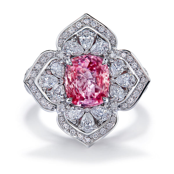 Unheated Ceylon Lotus Padparadcha sapphire Ring with D Flawless Diamonds set in 18K White Gold