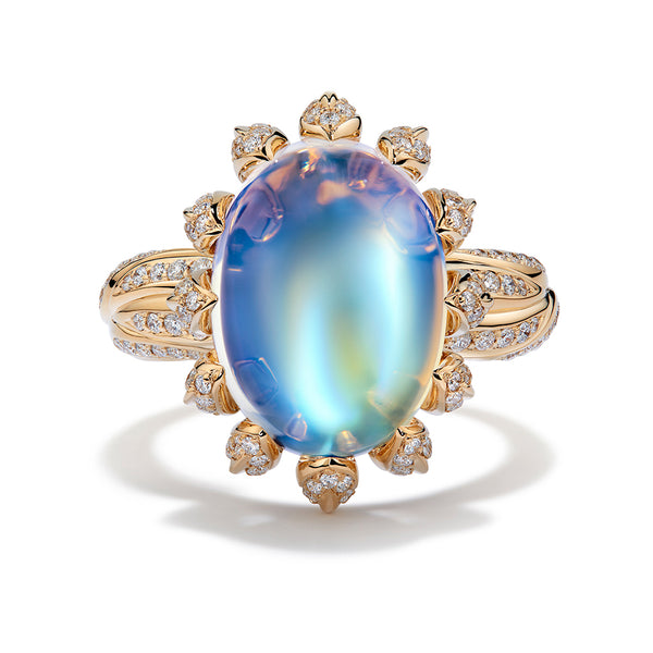 Ceylon Blue Moonstone Ring with D Flawless Diamonds set in 18K Yellow Gold