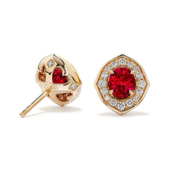 Unheated Burmese Pigeon Blood Ruby Earrings with D Flawless Diamonds set in 18K Yellow Gold