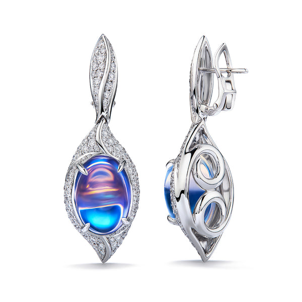 Ceylon Blue Moonstone Earrings with D Flawless Diamonds set in 18K White Gold