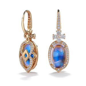Ceylon Blue Moonstone Earrings with D Flawless Diamonds set in 18K Yellow Gold
