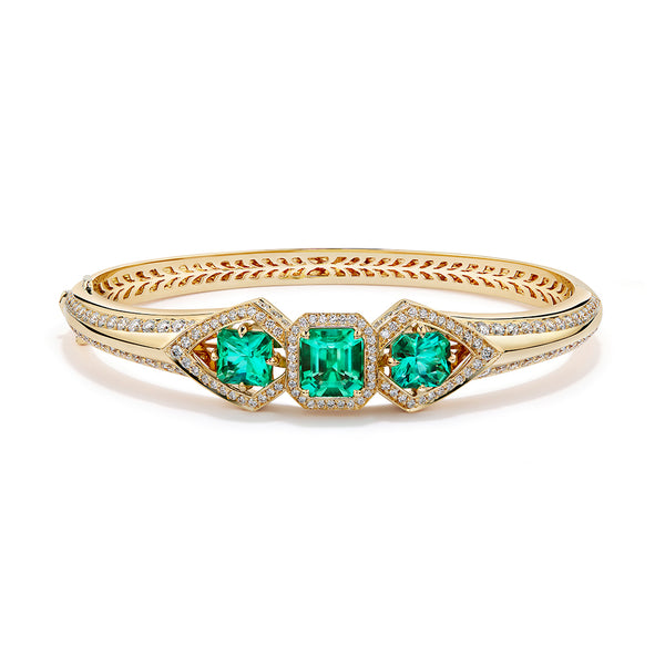 Muzo Colombian Emerald Bangle with D Flawless Diamonds set in 18K Yellow Gold
