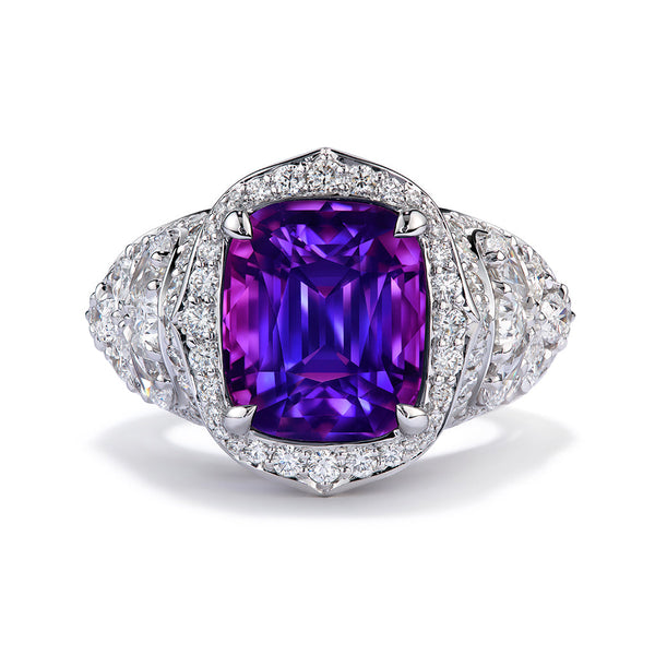 Unheated Ceylon Color Change Sapphire Ring with D Flawless Diamonds set in 18K White Gold