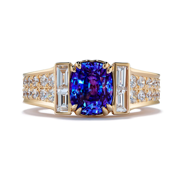 Unheated Ceylon Color Change Sapphire Ring with D Flawless Diamonds set in 18K Yellow Gold
