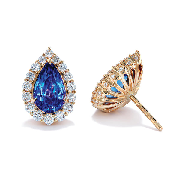 Unheated Ceylon Blue Sapphire Earrings with D Flawless Diamonds set in 18K Yellow Gold
