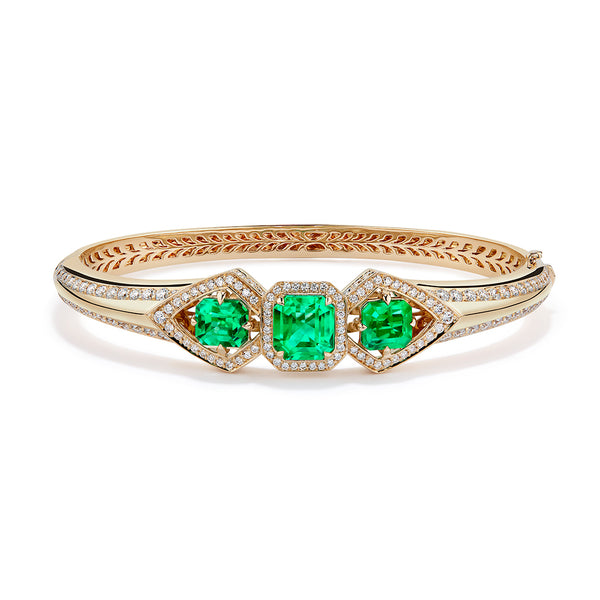 Muzo Colombian Emerald Bangle with D Flawless Diamonds set in 18K Yellow Gold