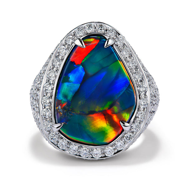 Harlequin Lightning Ridge Black Opal Ring with D Flawless Diamonds set in 18K White Gold