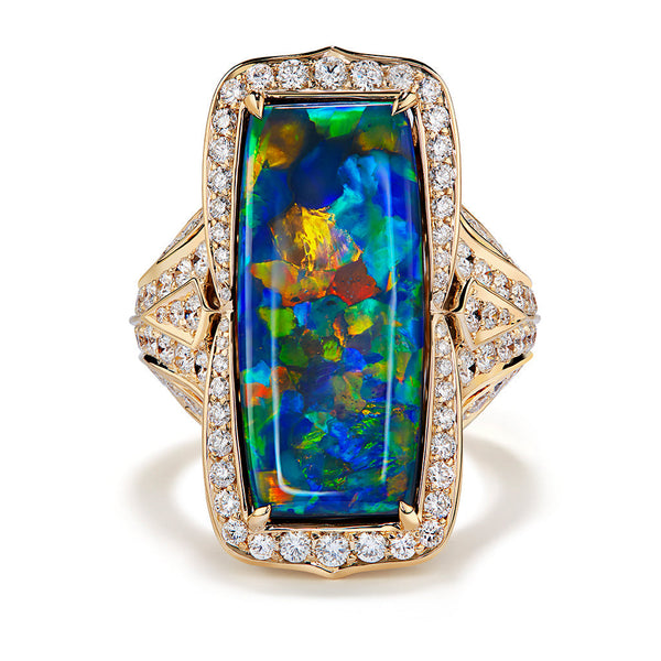 Australian Harlequin Lightning Ridge Black Opal Ring with D Flawless Diamonds set in 18K Yellow Gold