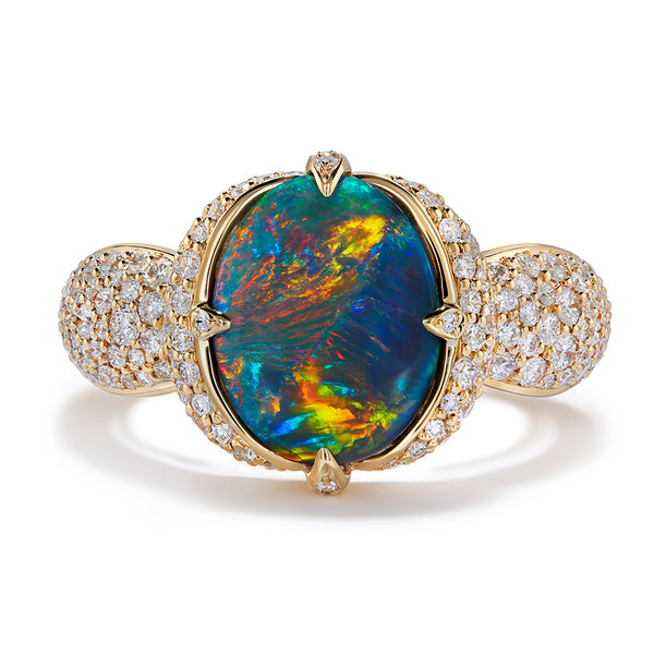 Lightning Ridge Black Opal Ring with D Flawless Diamonds set in 18K Yellow Gold