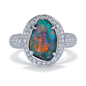 Lightning Ridge Black Opal Ring with D Flawless Diamonds set in 18K White Gold