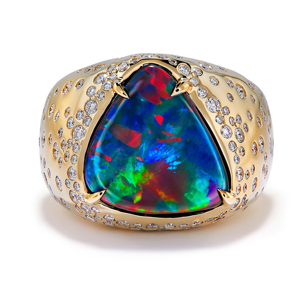 Lightning Ridge Black Opal Ring with D Flawless Diamonds set in 18K Yellow Gold