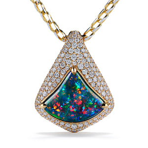 Lightning Ridge Black Opal Necklace with D Flawless Diamonds set in 18K Yellow Gold