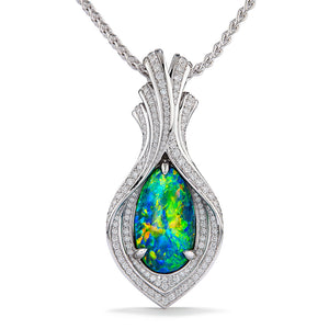 Lightning Ridge Black Opal Necklace with D Flawless Diamonds set in 18K White Gold