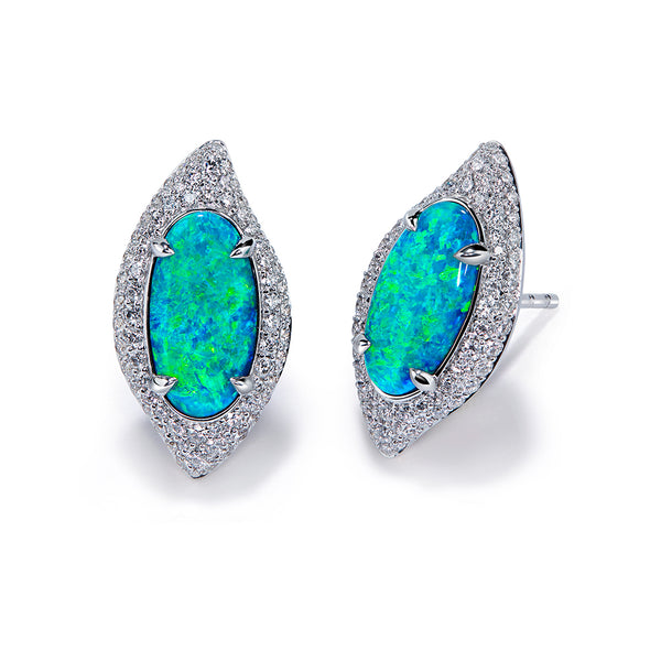 Lightning Ridge Black Opal Earrings with D Flawless Diamonds set in 18K White Gold