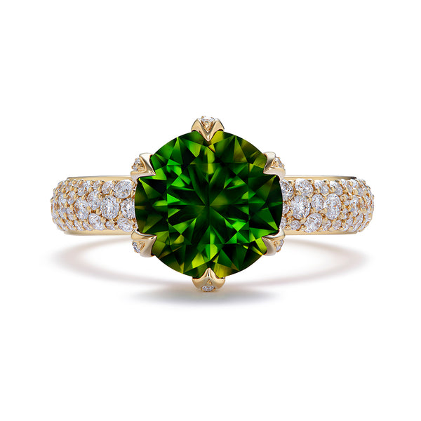 Horsetail Demantoid Ring with D Flawless Diamonds set in 18K Yellow Gold