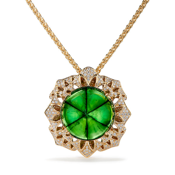 Muzo Columbian Trapiche Emerald Necklace with D Flawless Diamonds set in 18K Yellow Gold