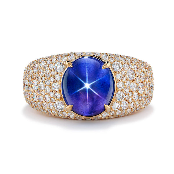 Unheated Ceylon Star Sapphire Ring with D Flawless Diamonds set in 18K Yellow Gold