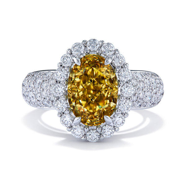 Fancy Deep Greenish Yellow Diamond Ring with D Flawless Diamonds set in 18K White Gold