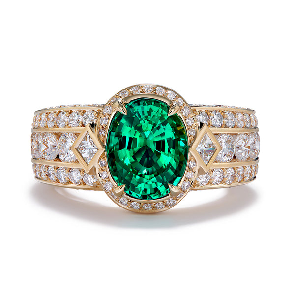 Neon Emerald Ring with D Flawless Diamonds set in 18K Yellow Gold