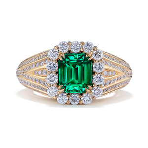 Vivid Green Clean Emerald Ring with D Flawless Diamonds set in 18K Yellow Gold