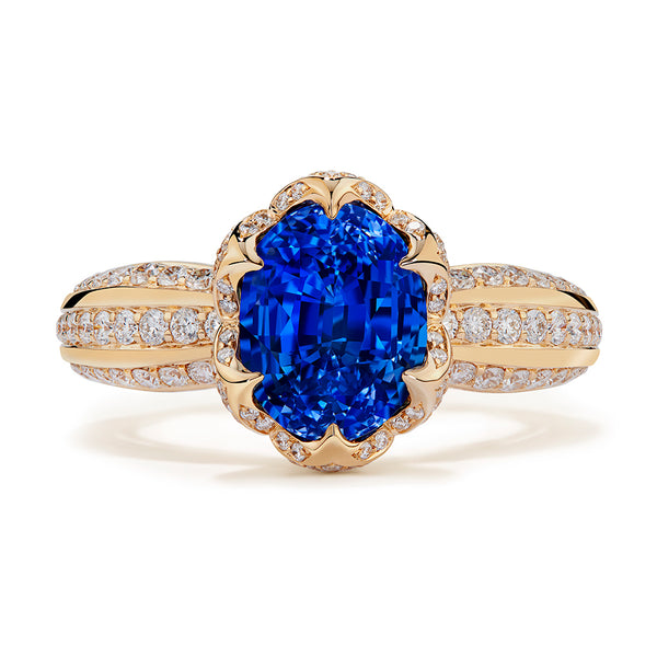 Unheated Didy Blue Sapphire Ring with D Flawless Diamonds set in 18K Yellow Gold