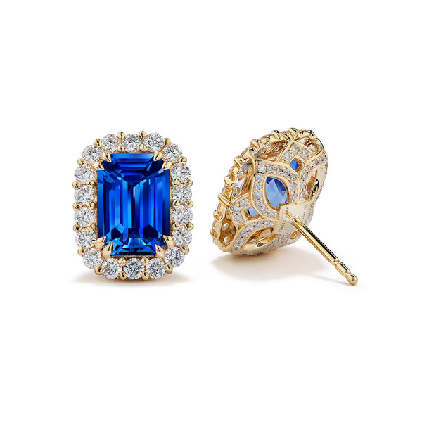 Unheated Ceylon Cornflower Blue Sapphire Earrings with D Flawless Diamonds set in 18K Yellow Gold