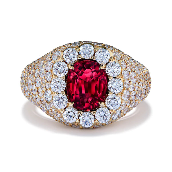 Unheated Pigeon Blood Red Ruby Ring with D Flawless Diamonds set in 18K Yellow Gold