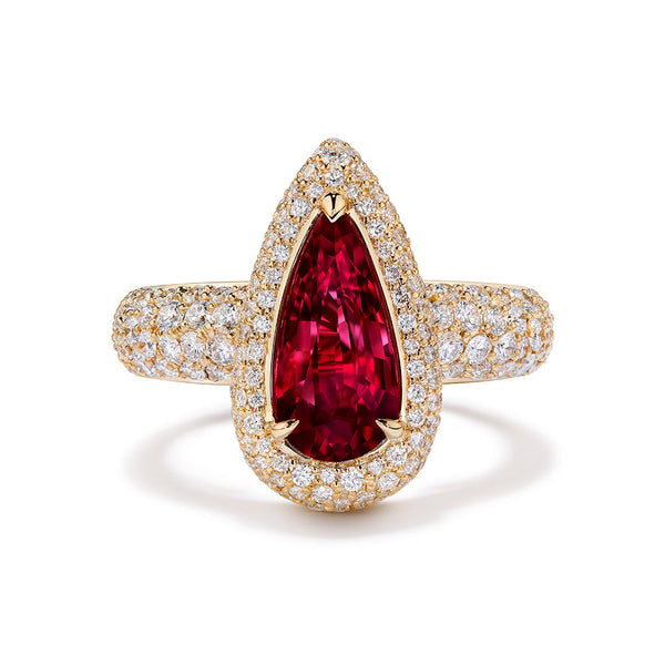 Unheated Mozambique Pigeons Blood Ruby Ring with D Flawless Diamonds set in 18K Yellow Gold