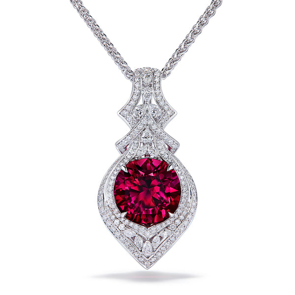 Neon Rubellite Necklace with D Flawless Diamonds set in 18K White Gold