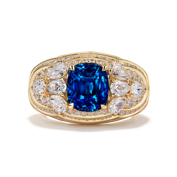Unheated Burmese Blue Sapphire Ring with D Flawless Diamonds set in 18K Yellow Gold