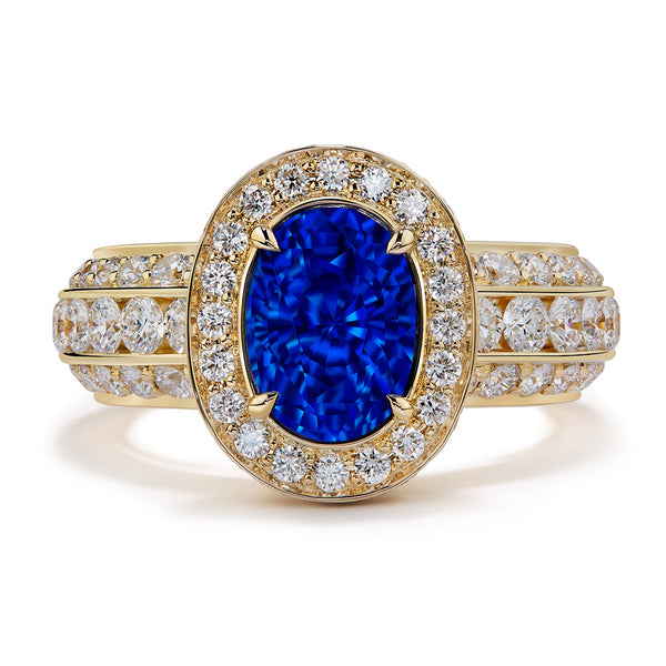 Unheated Ceylon Blue Sapphire Ring with D Flawless Diamonds set in 18K Yellow Gold