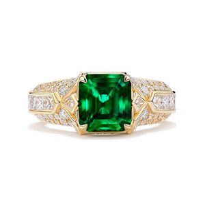 Vivid Green Emerald Ring with D Flawless Diamonds set in 18K Yellow Gold
