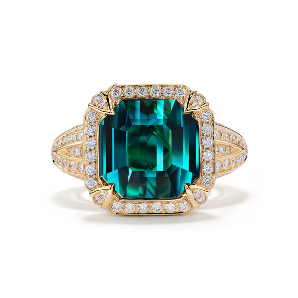 Indicolite Tourmaline Ring with D Flawless Diamonds set in 18K Yellow Gold