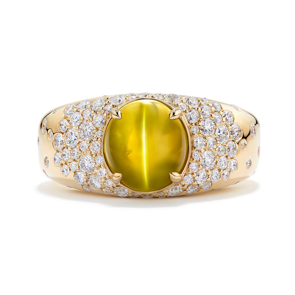 Milk And Honey Ceylon Cats Eye Chrysoberyl Ring with D Flawless Diamonds set in 18K Yellow Gold