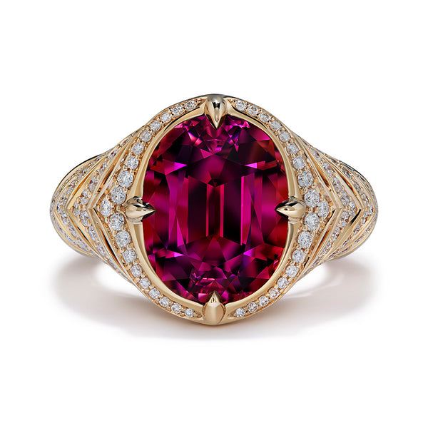 Neon Titanium Rubellite Ring with D Flawless Diamonds set in 18K Yellow Gold
